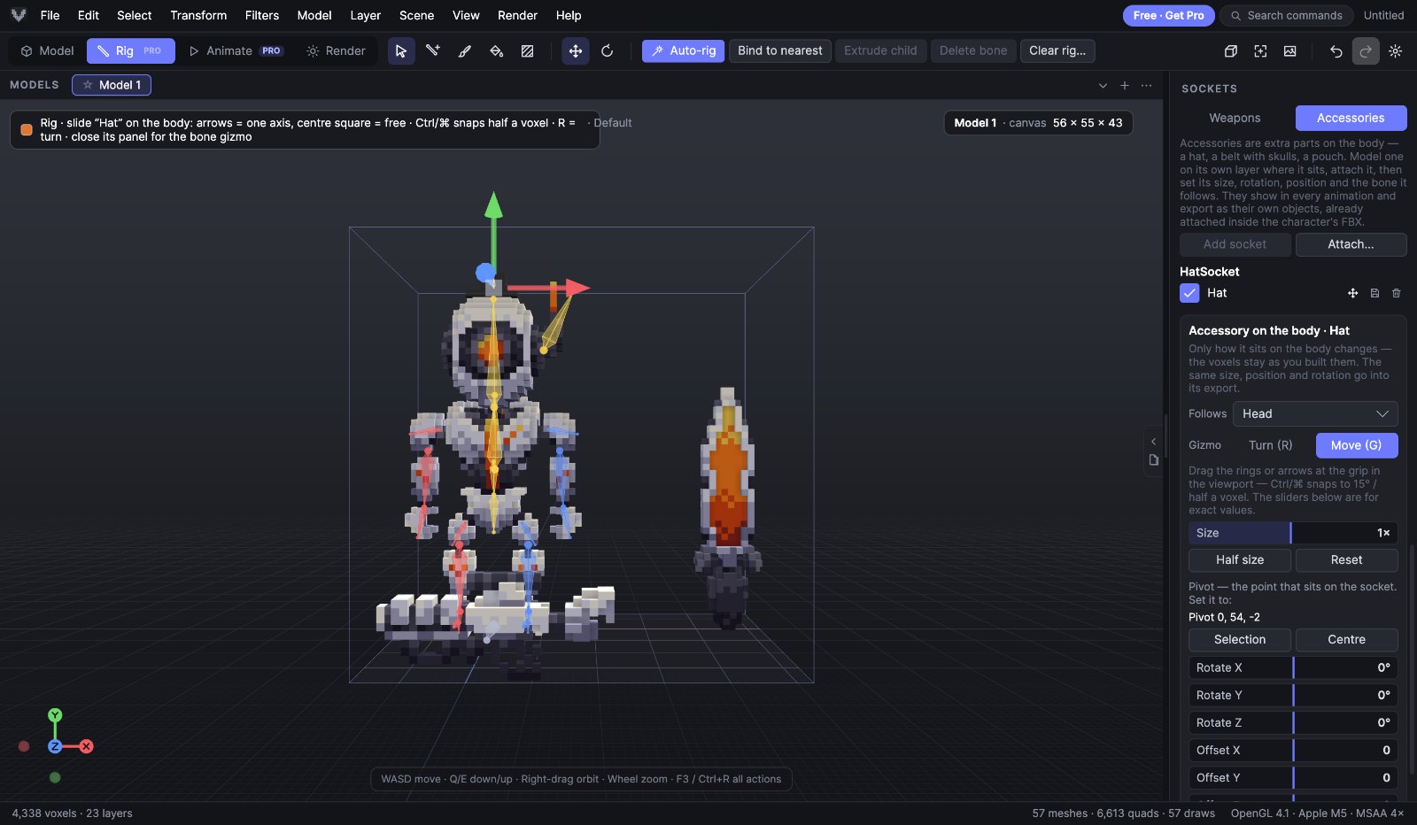 Rig ▸ SOCKETS ▸ Accessories: шапка на власному HatSocket, що рухається за Head, з панеллю аксесуара та гізмо переміщення