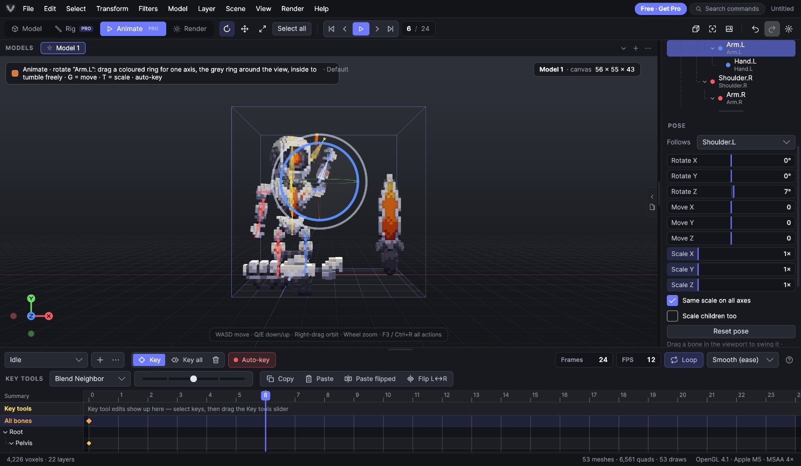 Сцена Animate: гізмо повороту на Arm.L, розділ POSE і таймлайн із кліпами, інструментами ключів і dope sheet