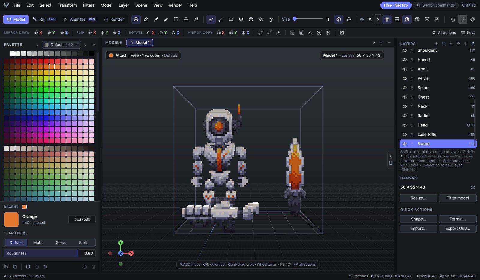VoxelCdx 1.2.7 — сцена Model зі зразковим персонажем: палітра ліворуч, 3D-вигляд посередині, шари праворуч