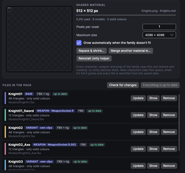 VoxelCdx family pack with shared material