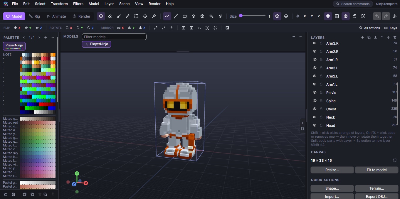 VoxelCdx modelling a voxel ninja with layers