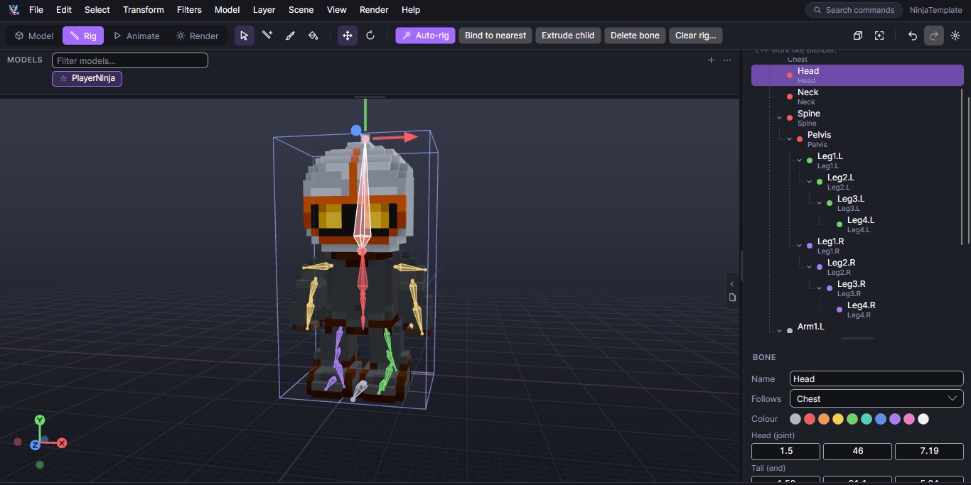 VoxelCdx rig scene with auto-rigged bones